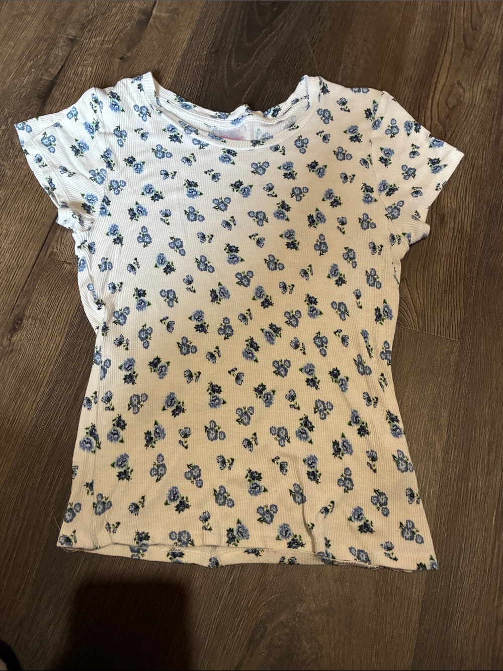 No Boundaries White Ribbed Tee with Blue Floral Print